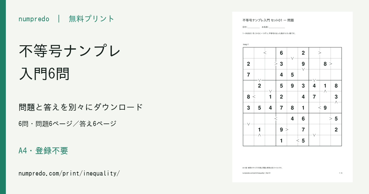 不等号ナンプレ入門：6問・問題6ページ／答え6ページ。収録PDFの見本付き。