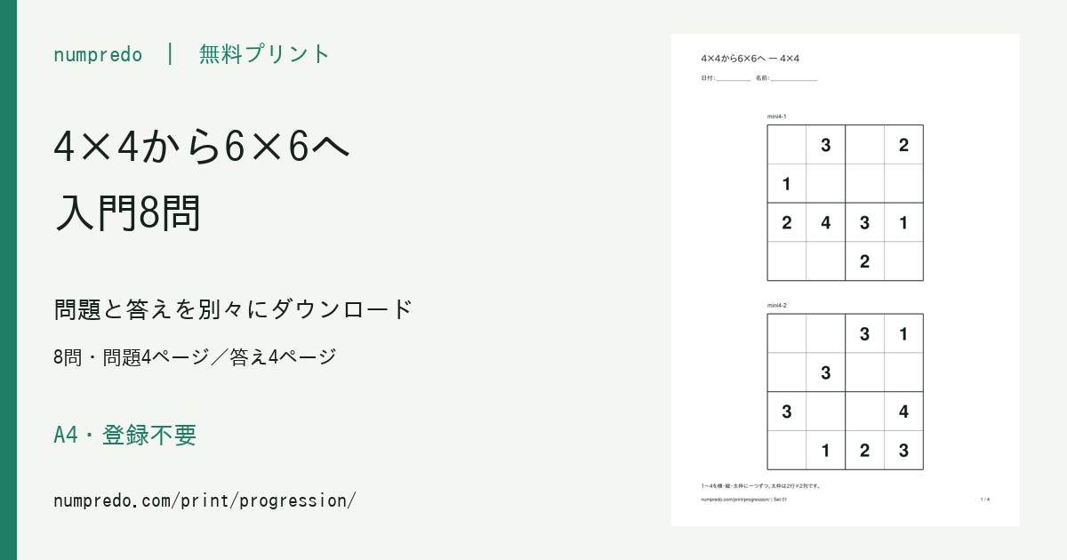 4×4から6×6へ・入門8問：8問・問題4ページ／答え4ページ。収録PDFの見本付き。